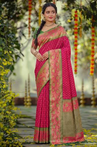 dark pink smart woven jari designer ethnic ceremonial silk blend saree