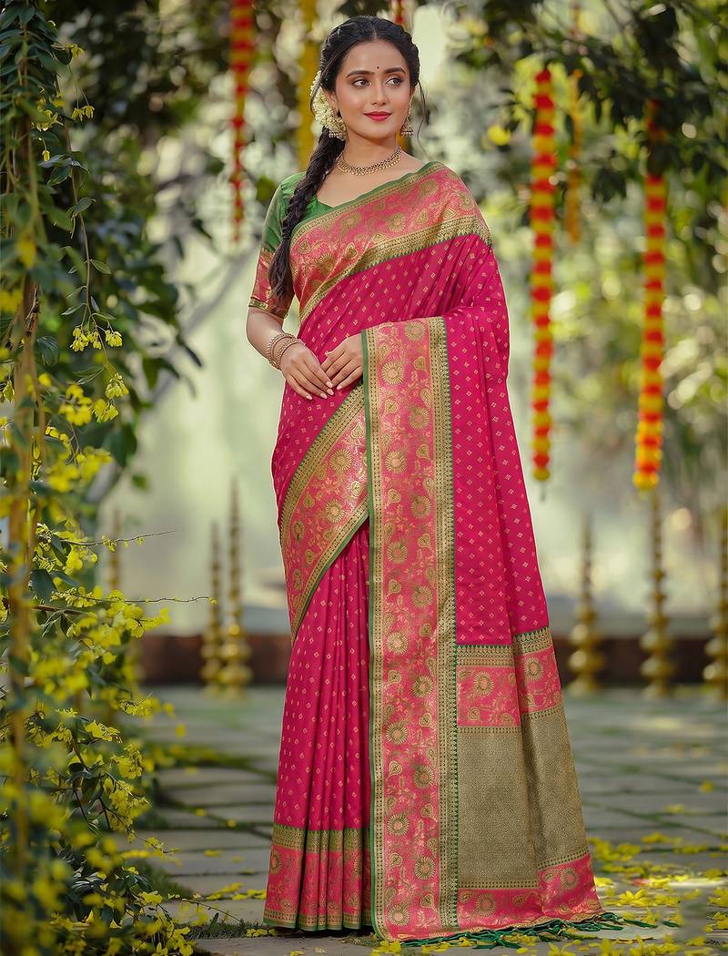 dark pink smart woven jari designer ethnic ceremonial silk blend saree