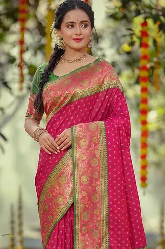 dark pink smart woven jari designer ethnic ceremonial silk blend saree