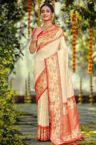 off white smart woven jari designer ethnic ceremonial silk blend saree