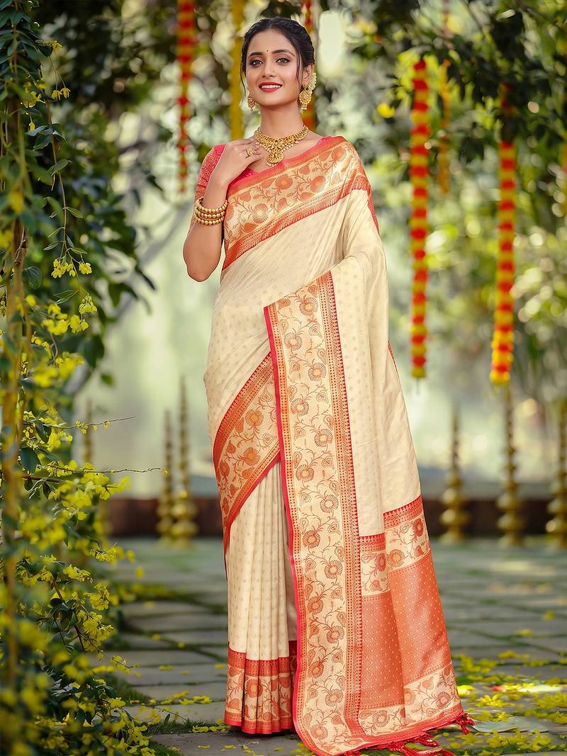 off white smart woven jari designer ethnic ceremonial silk blend saree