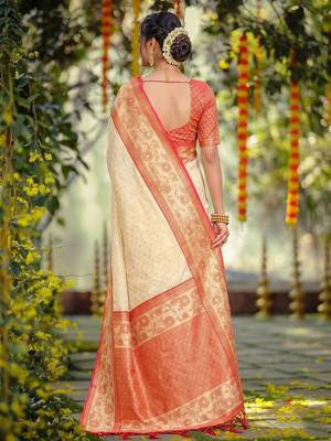 off white smart woven jari designer ethnic ceremonial silk blend saree 2