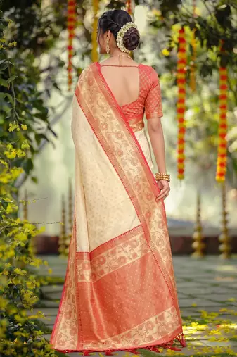 off white smart woven jari designer ethnic ceremonial silk blend saree