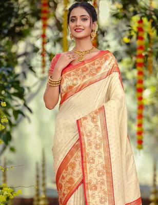 off white smart woven jari designer ethnic ceremonial silk blend saree 3