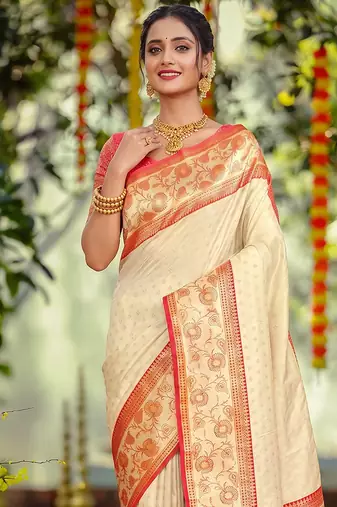 off white smart woven jari designer ethnic ceremonial silk blend saree