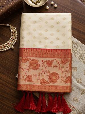 off white smart woven jari designer ethnic ceremonial silk blend saree 4