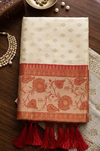 off white smart woven jari designer ethnic ceremonial silk blend saree