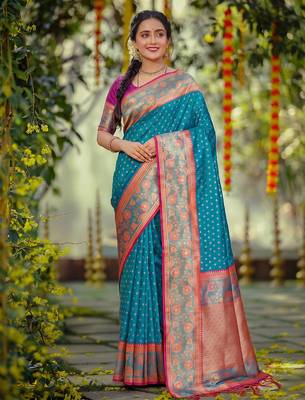 blue smart woven jari designer ethnic ceremonial silk blend saree 1