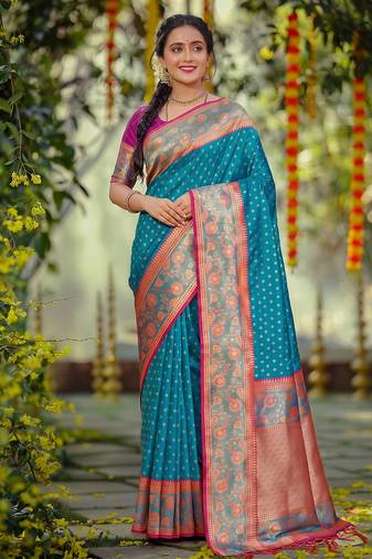blue smart woven jari designer ethnic ceremonial silk blend saree