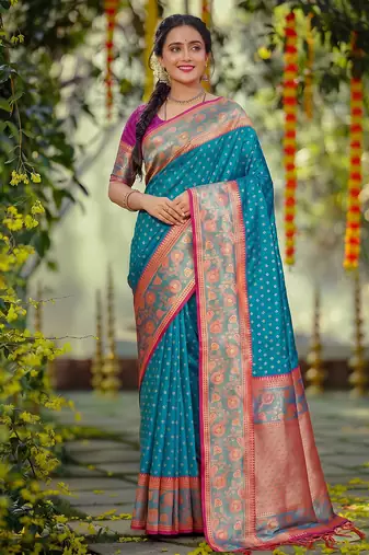 blue smart woven jari designer ethnic ceremonial silk blend saree