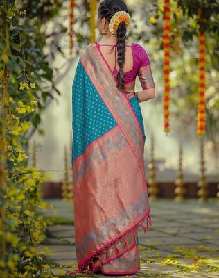blue smart woven jari designer ethnic ceremonial silk blend saree 2