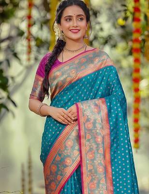 blue smart woven jari designer ethnic ceremonial silk blend saree 3