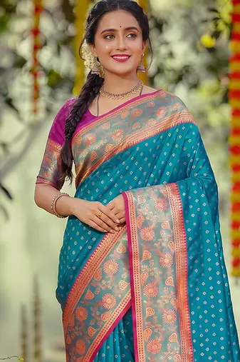 blue smart woven jari designer ethnic ceremonial silk blend saree