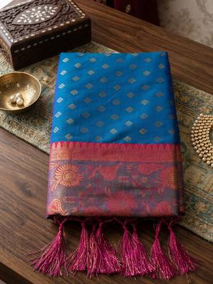 blue smart woven jari designer ethnic ceremonial silk blend saree 4