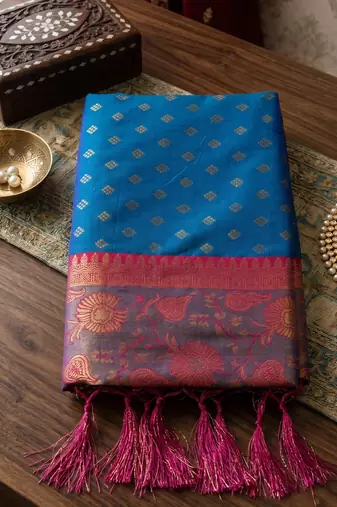 blue smart woven jari designer ethnic ceremonial silk blend saree