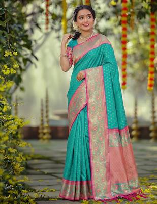 sea green smart woven jari designer ethnic ceremonial silk blend saree 1