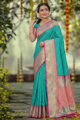 sea green smart woven jari designer ethnic ceremonial silk blend saree