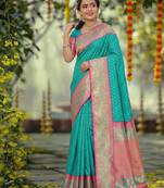 sea green smart woven jari designer ethnic ceremonial silk blend saree