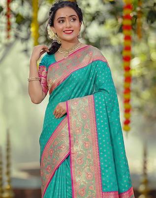sea green smart woven jari designer ethnic ceremonial silk blend saree 3