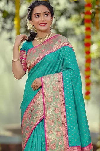 sea green smart woven jari designer ethnic ceremonial silk blend saree