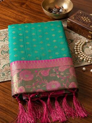 sea green smart woven jari designer ethnic ceremonial silk blend saree 4