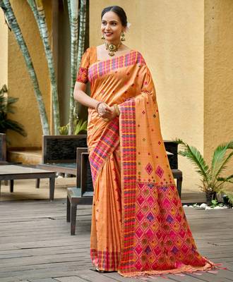 peach orange beautiful traditional rich assam silk blend saree 1