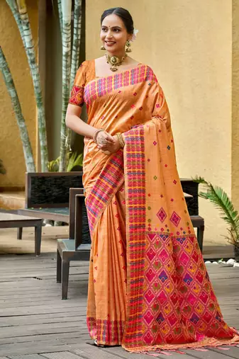 peach orange beautiful traditional rich assam silk blend saree