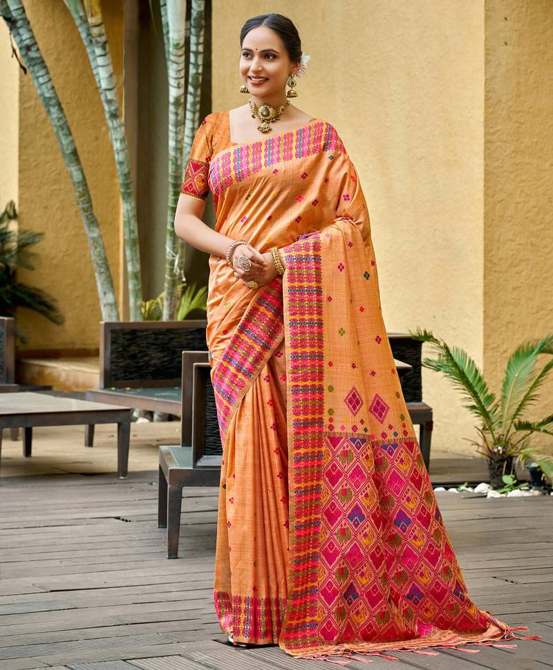 peach orange beautiful traditional rich assam silk blend saree