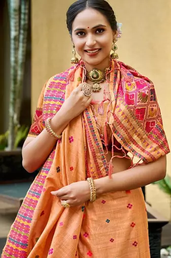 peach orange beautiful traditional rich assam silk blend saree