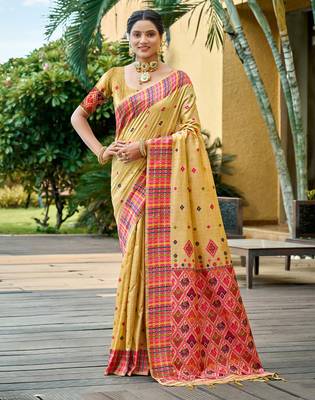 mustard yellow beautiful traditional rich assam silk blend saree 1