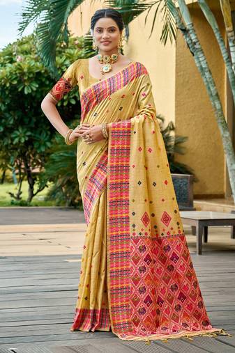 mustard yellow beautiful traditional rich assam silk blend saree