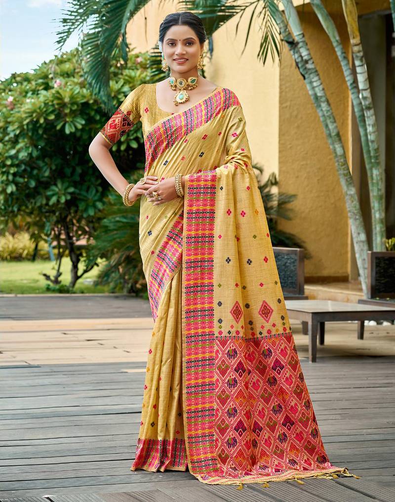 mustard yellow beautiful traditional rich assam silk blend saree