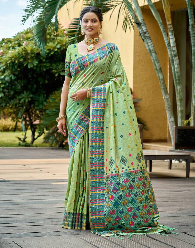 light mint green beautiful traditional rich assam silk blend saree