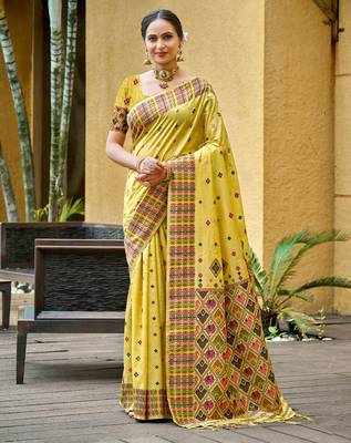 lemon yellow beautiful traditional rich assam silk blend saree 1