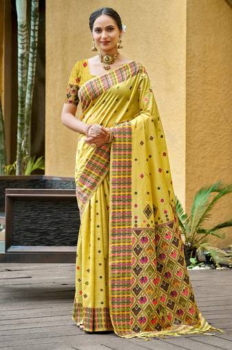 lemon yellow beautiful traditional rich assam silk blend saree