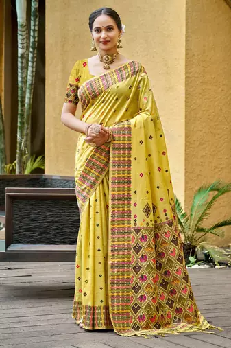 lemon yellow beautiful traditional rich assam silk blend saree