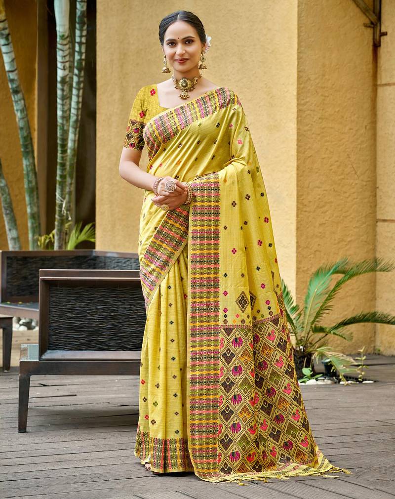 lemon yellow beautiful traditional rich assam silk blend saree