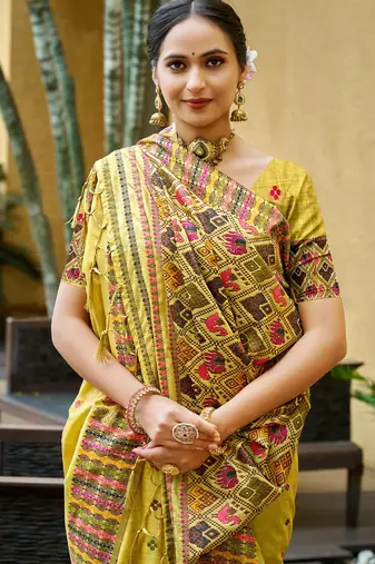 lemon yellow beautiful traditional rich assam silk blend saree
