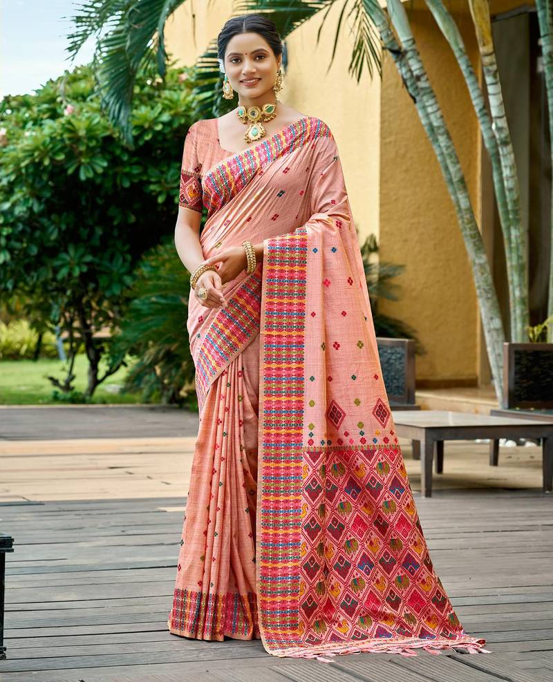 blush peach beautiful traditional rich assam silk blend saree