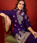 Purple silk blend embroidered kurta set.