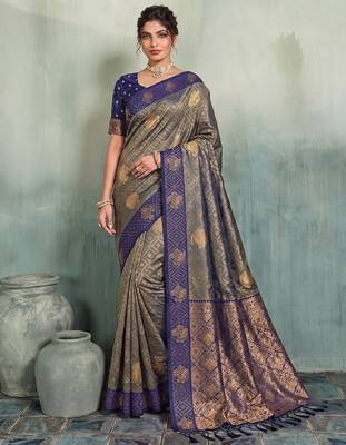 grey woven designer ethnic silk blend saree for traditional looks 1