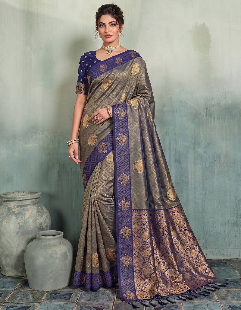 grey woven designer ethnic silk blend saree for traditional looks