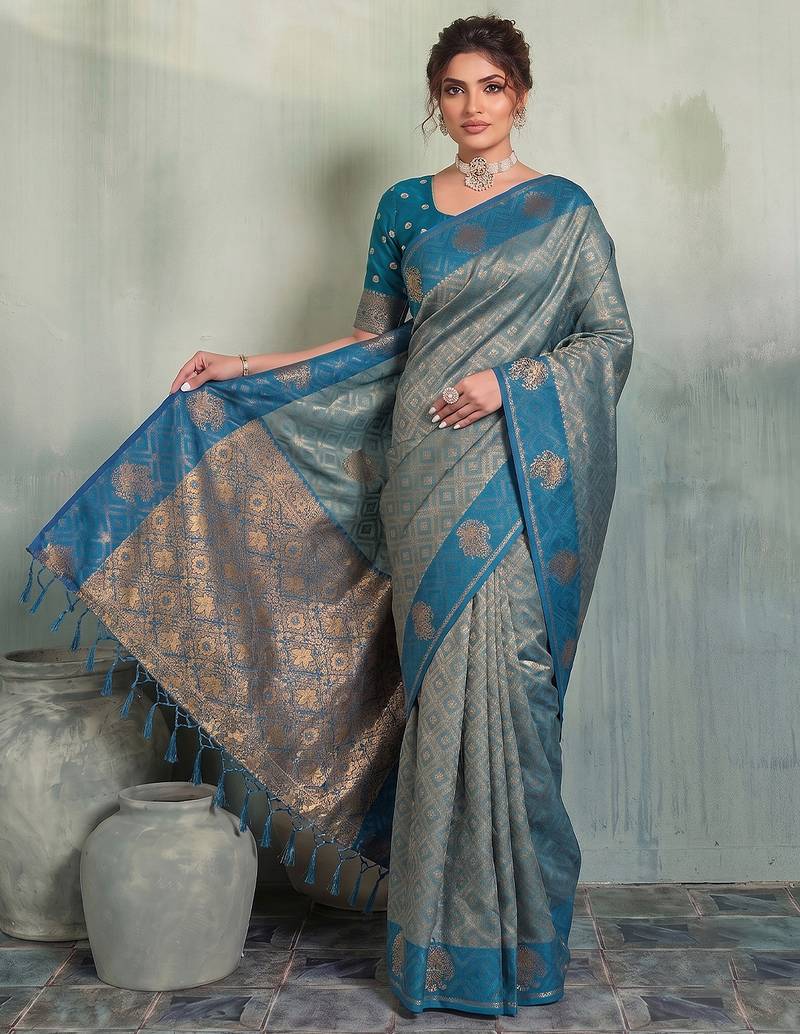 blue woven designer ethnic silk blend saree for traditional looks