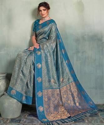 blue woven designer ethnic silk blend saree for traditional looks 3
