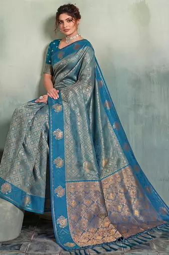 blue woven designer ethnic silk blend saree for traditional looks
