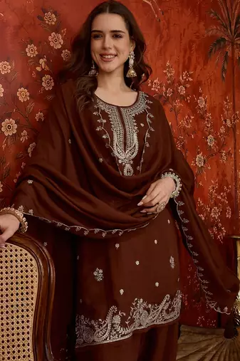 Brown silk blend embroidered Farsi kurta set with dupatta.