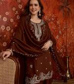 Brown silk blend embroidered Farsi kurta set with dupatta.
