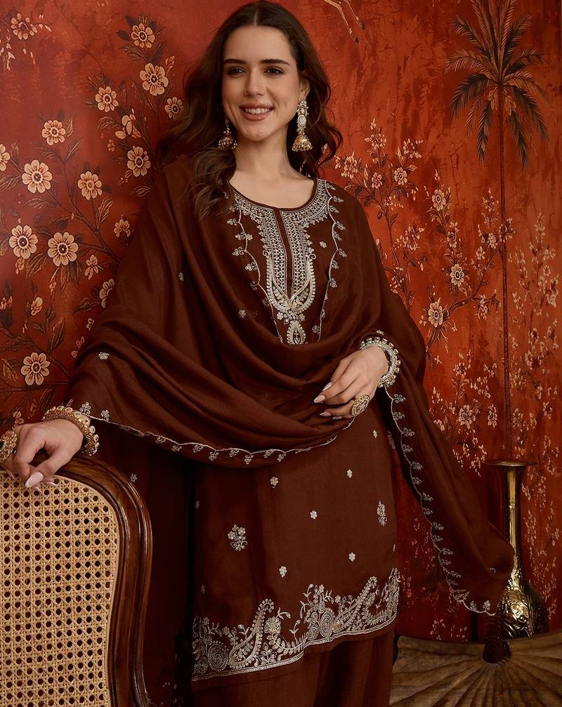 Brown silk blend embroidered Farsi kurta set with dupatta.