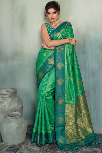 green woven designer ethnic silk blend saree for traditional looks