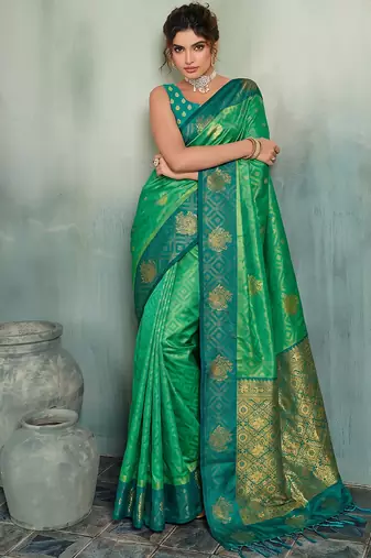 green woven designer ethnic silk blend saree for traditional looks